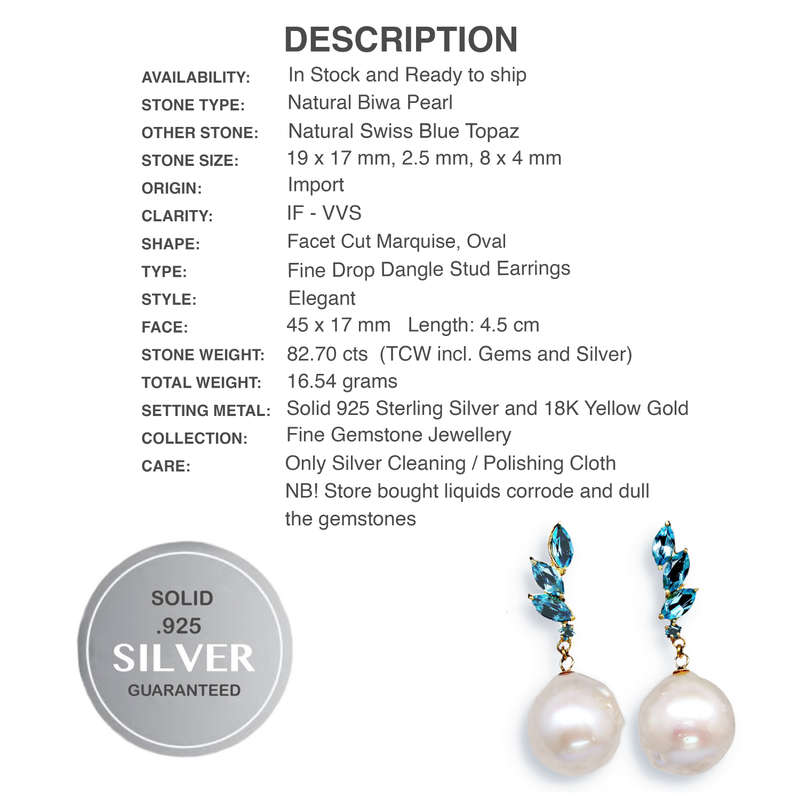 Natural Biwa Pearl Swiss Blue Topaz set in Solid .925 Sterling Silver 18K Yellow Gold Earrings