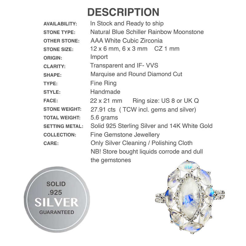 Deluxe Natural Blue Schiller Moonstone, White Cubic Zirconia Solid .925 Silver Ring Size US 8 / Q