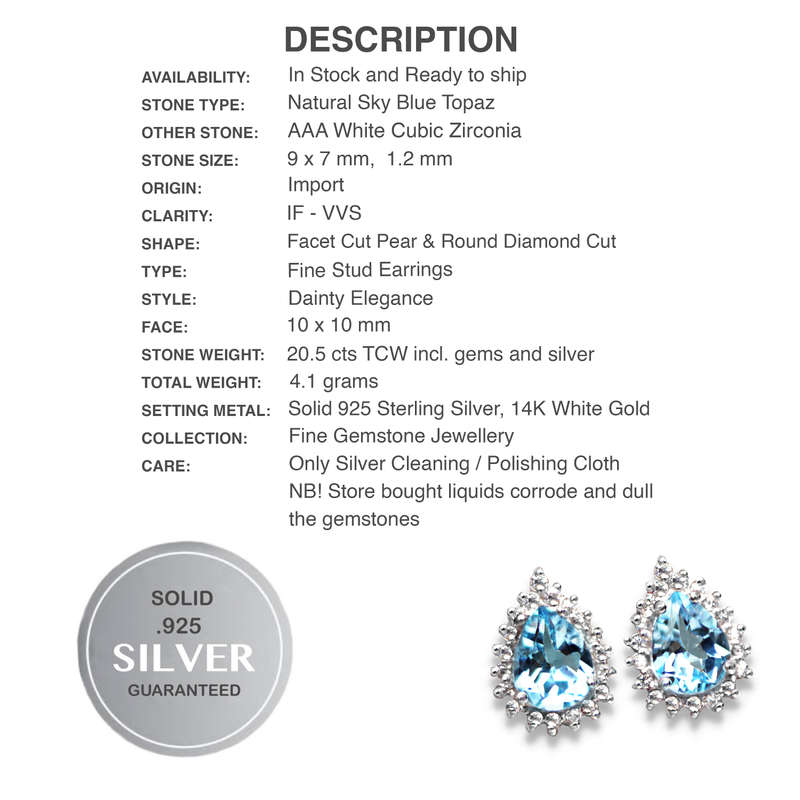 Natural Sky Blue Topaz Gemstone Pears and White CZ  Solid .925 Sterling Silver Stud Earrings