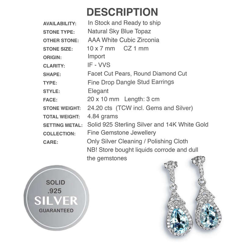 Natural Sky Blue Topaz Gemstone Pears and White CZ  Solid .925 Sterling Silver Stud Earrings