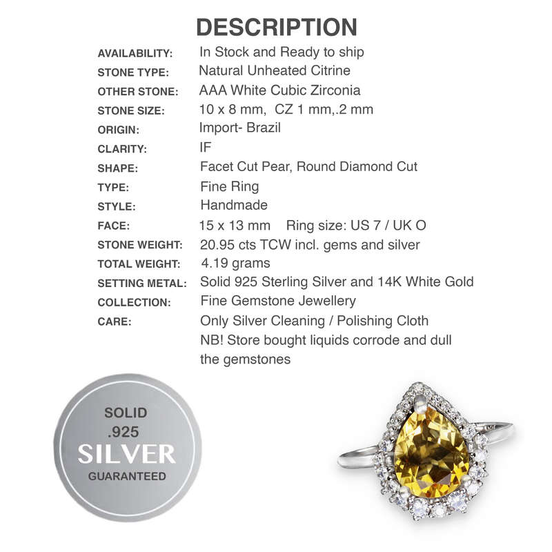 Natural Citrine Pear , AAA White Cubic Zirconia Solid .925 Silver,14K White Gold Ring Size 7 / O