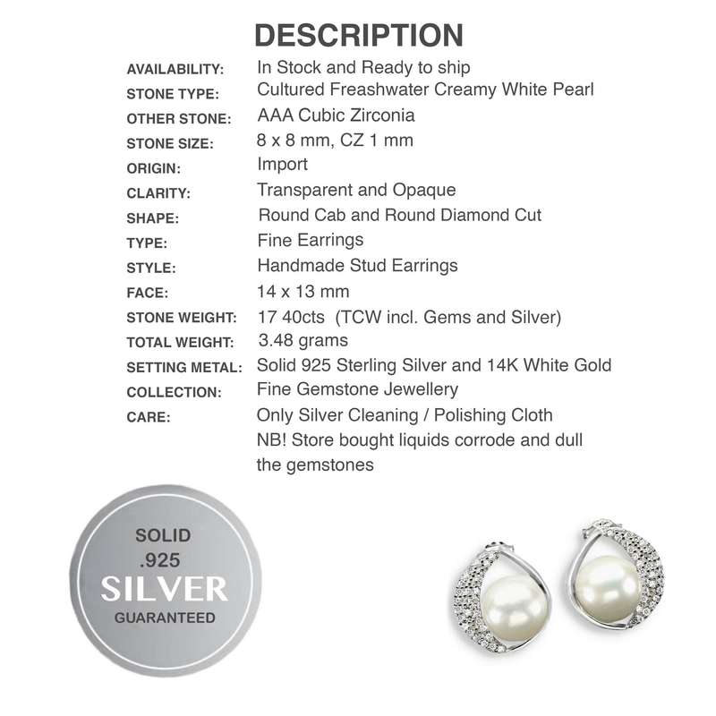 Natural Cultured Freshwater White Pearl, White CZ set in Solid .925 Sterling Silver Stud Earrings
