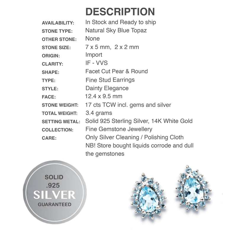 Genuine 7 X5 mm AAA Top Sky Blue Topaz Gemstone  .925 Sterling Silver Earrings