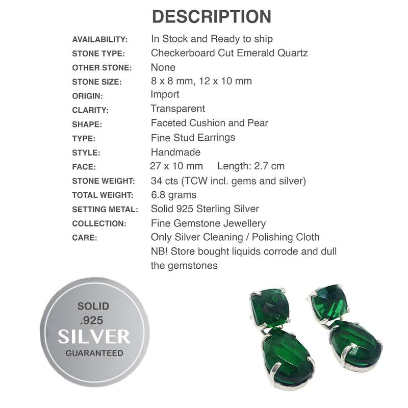 34 cts Emerald Quartz Mixed Shape Gemstones set In Solid .925 Sterling Silver Stud Earrings