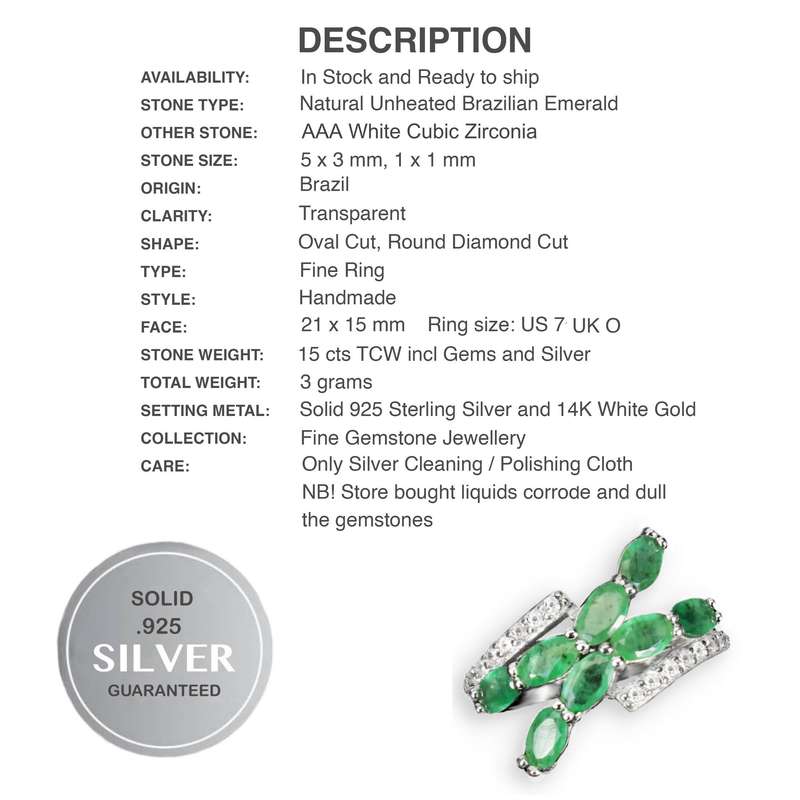 Natural Brazilian Emerald Ovals AAA White Cubic Zirconia in Solid .925 Silver 14K W/Gold Ring 7/O