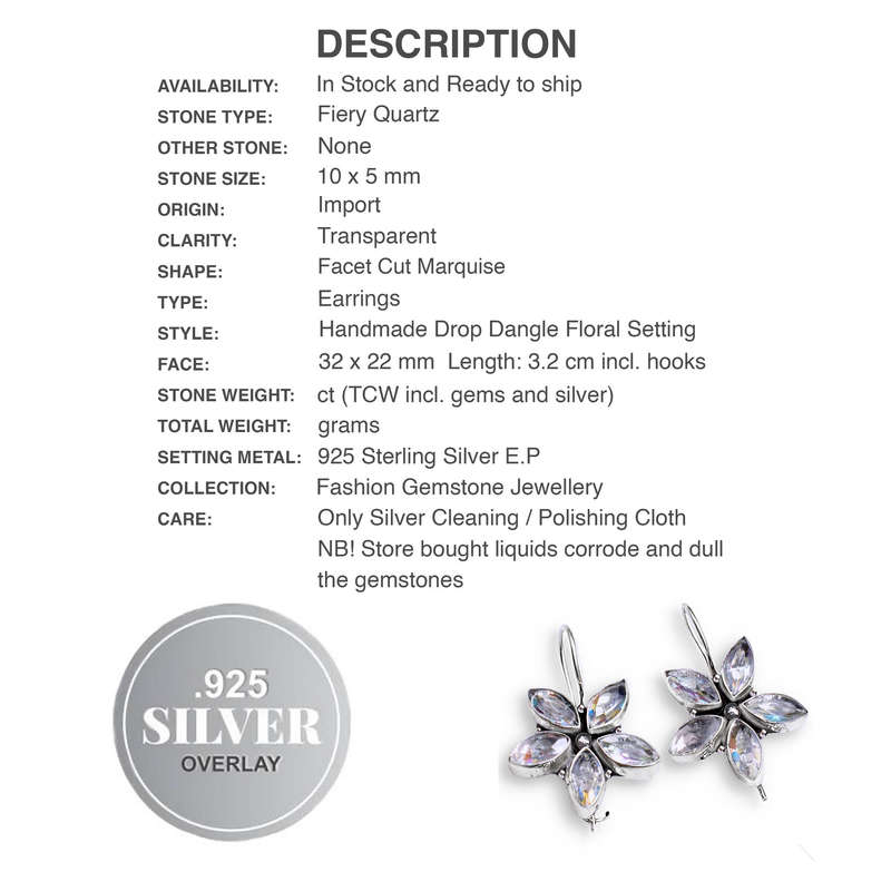 Fiery Quartz Marquise Facet Cut set in .925 Sterling Silver Plated Floral Setting Earrings