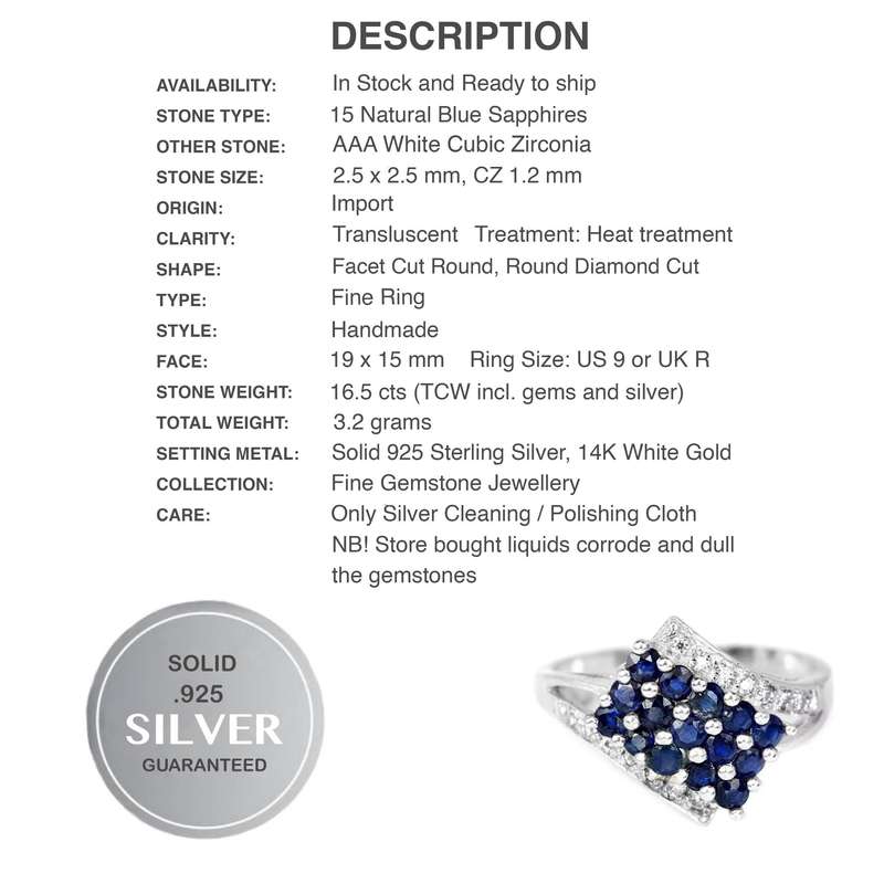 15 Natural Deep Blue Sapphires, White Cubic Zirconia in Solid .925 Sterling Silver 14K W/Gold Ring