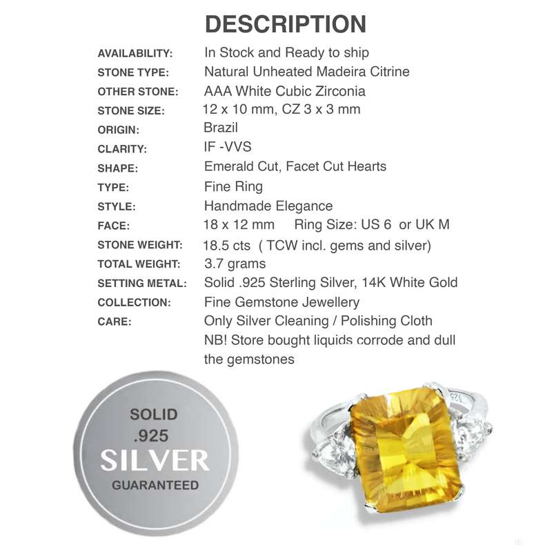 Genuine Madeira  Cognac Citrine, White Cubic Zirconia set in Solid .925 Silver Ring Size US 6/ M