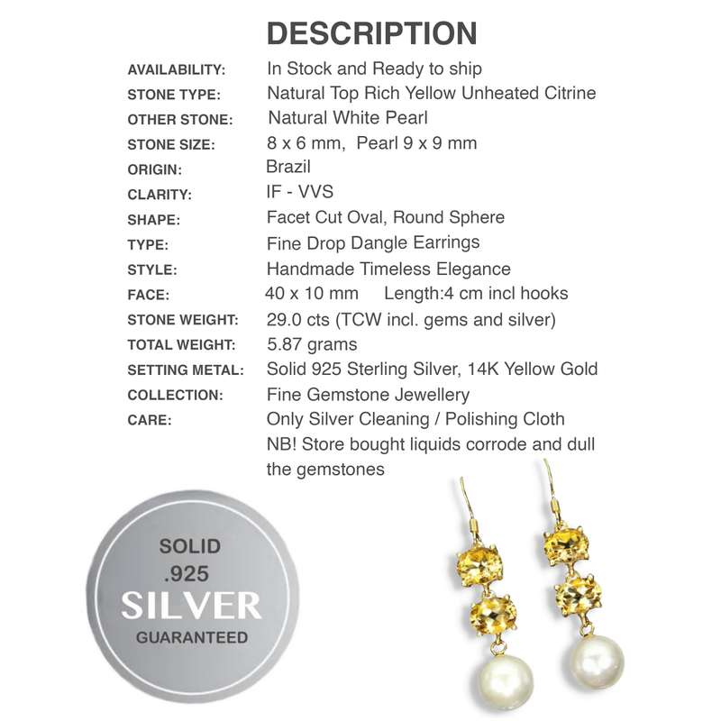 Natural Unheated Rich Yellow Citrine 8x6mm White Pearl 925 Sterling Silver 14K Yellow Gold Earrings