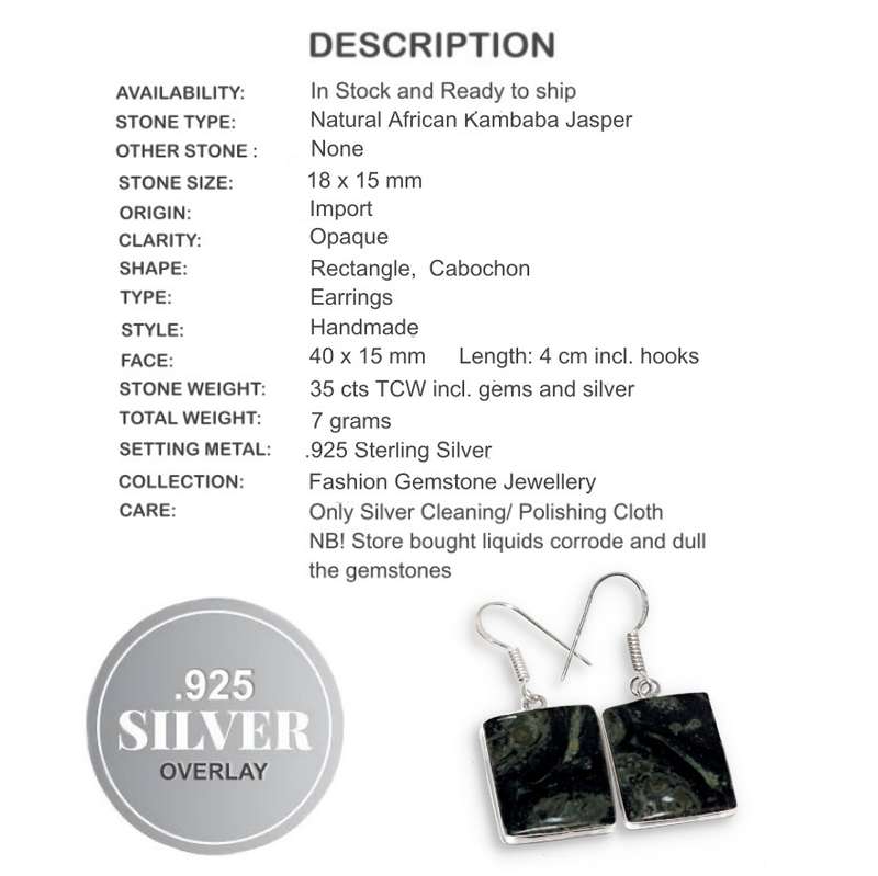 Natural African Kambaba Jasper Rectangle Gemstone set in  .925 Sterling Silver Plated Earrings