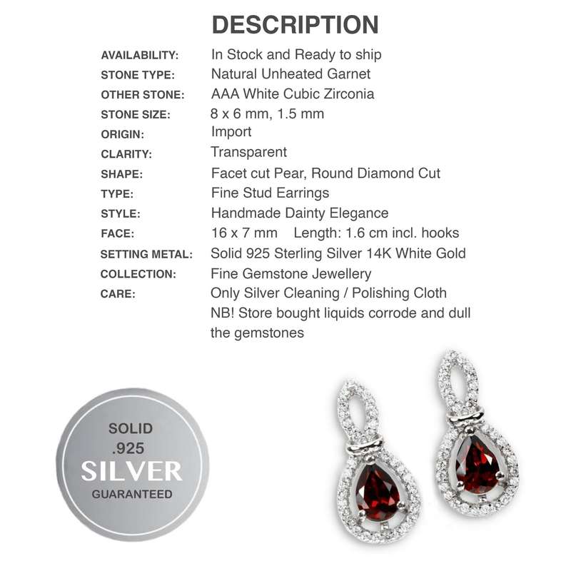 Natural Deep Red Garnet AAA White CZ Gemstone in Solid .925 Sterling Silver 14K W/Gold Earrings
