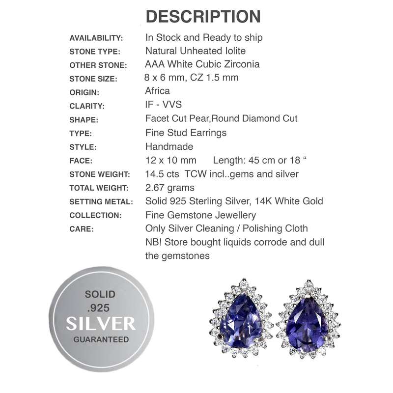 Natural Unheated Iolite and White CZ Gemstone Solid .925 Silver & White Gold Stud Earrings