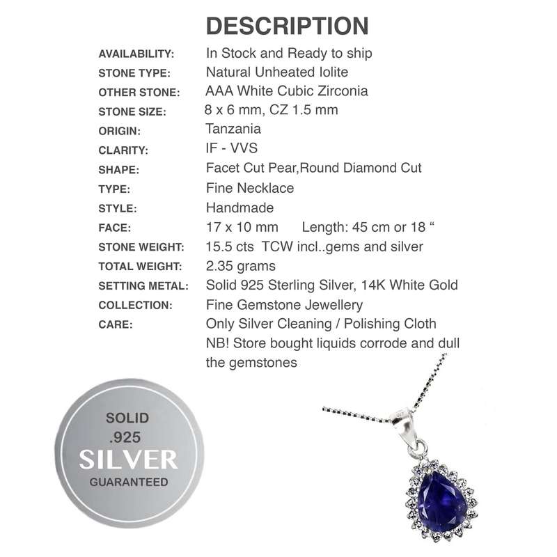 Natural Unheated Iolite AAA White Cubic Zirconia in Solid .925 Silver 14K W/Gold Necklace