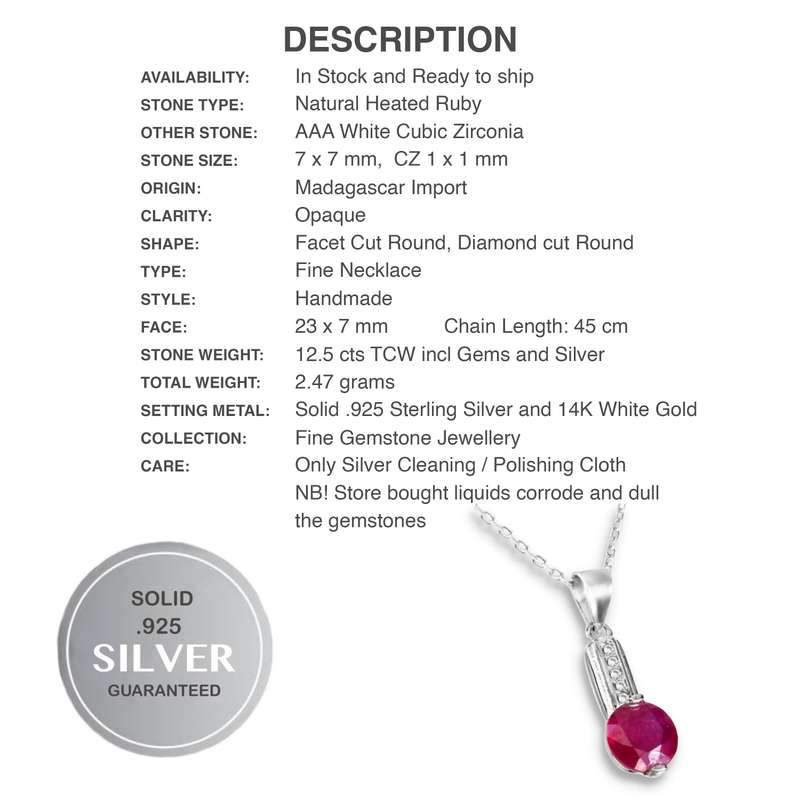 Dainty Natural Ruby & AAA White Cubic Zirconia  .925 Solid Sterling Silver  14K White Gold Necklace