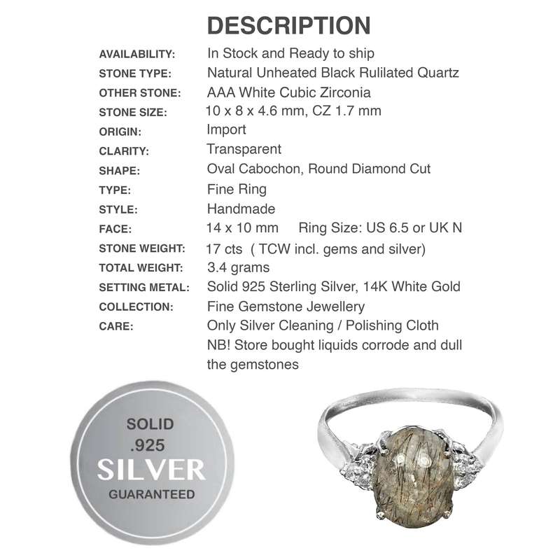 Natural Black Rutilated Quartz and White Cubic Zirconia in Solid .925 Sterling Silver Ring US 6.5