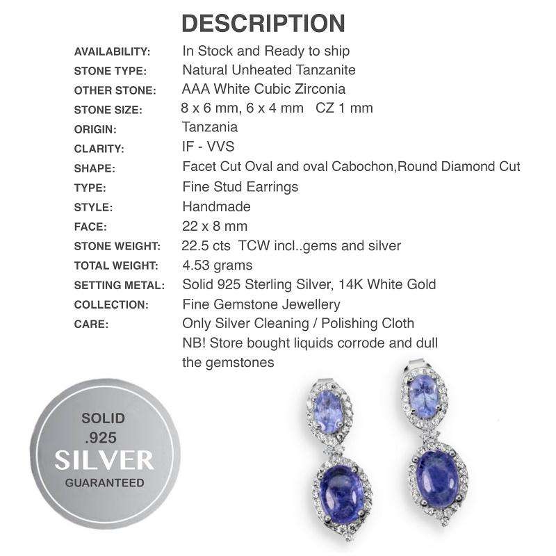 Deluxe Natural Unheated Tanzanite and White CZ Gemstone Solid .925 Silver & White Gold Earrings