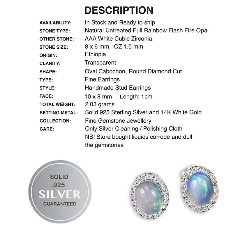 Captivating Natural Unheated Rainbow White Fire Opal Solid .925 Silver Earrings