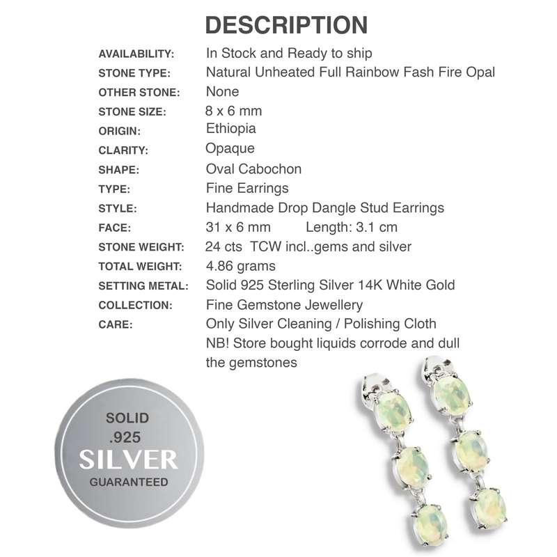Deluxe Natural Unheated Full Rainbow Fire Opal Gemstone  925 Sterling Silver 14K White Gold Earrings