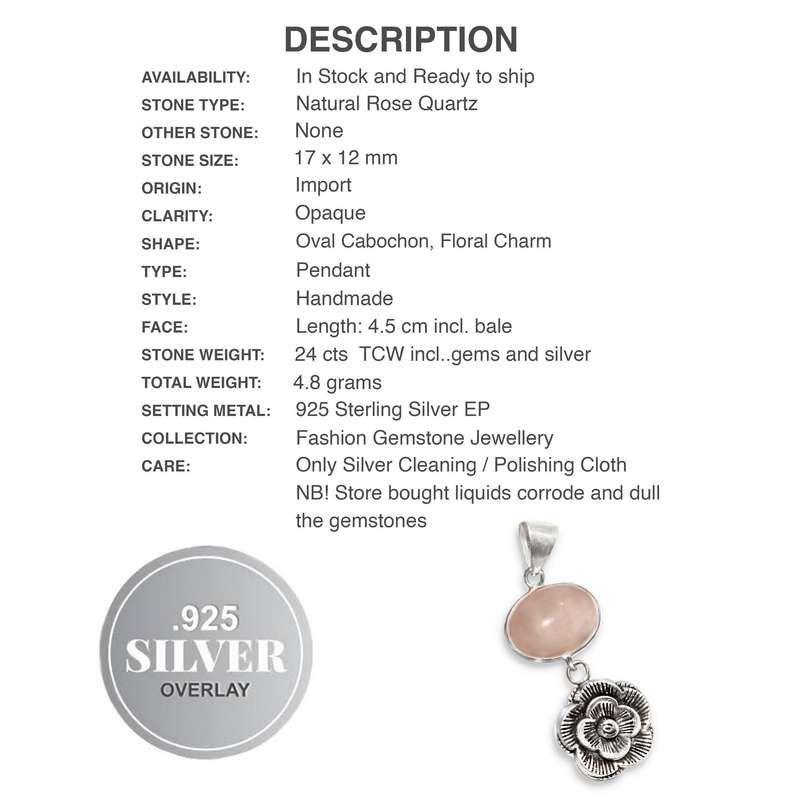 Natural Rose Quartz With Floral Charm set in .925 Sterling Silver Plated Handmade Pendant