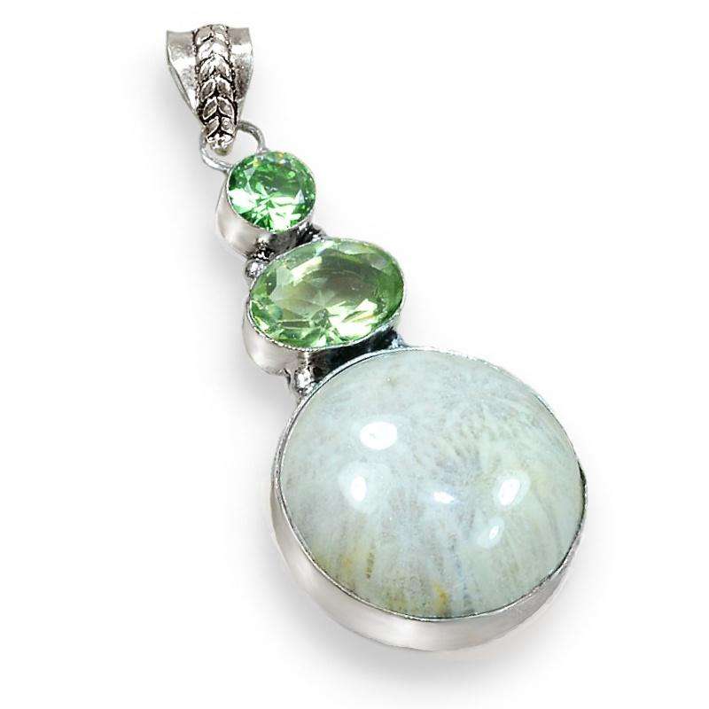 Green Amethyst and Fossil Coral set in .925 Sterling Silver Plated Handmade Pendant