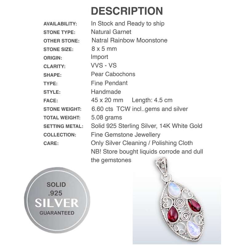 Indonesian - Bali Natural Garnet and Rainbow Moonstone Solid .925 Sterling Silver Pendant
