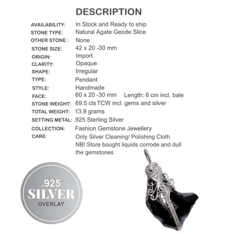 Natural Agate Geode Slice Gemstone with 925 Sterling Silver Plated Wire Handmade Pendant