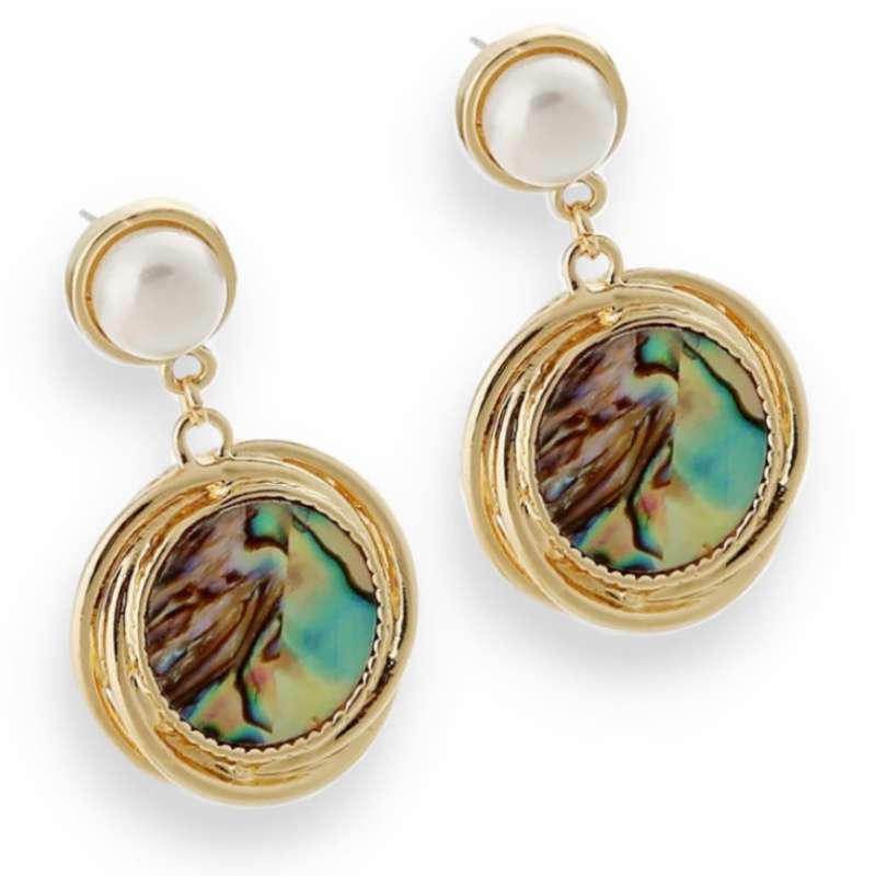Natural Abalone Shell and White River Pearl Gemstone Gold Plated Stud Earrings