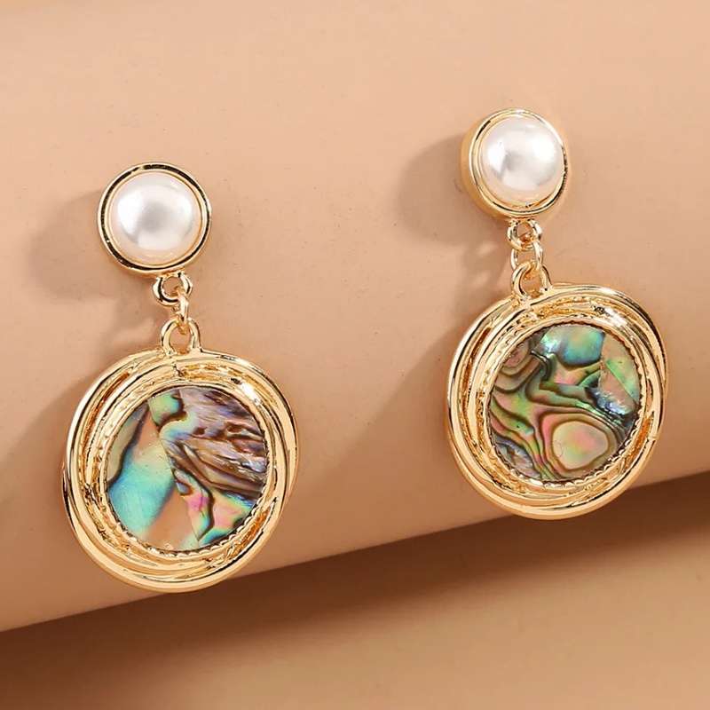 Natural Abalone Shell and White River Pearl Gemstone Gold Plated Stud Earrings