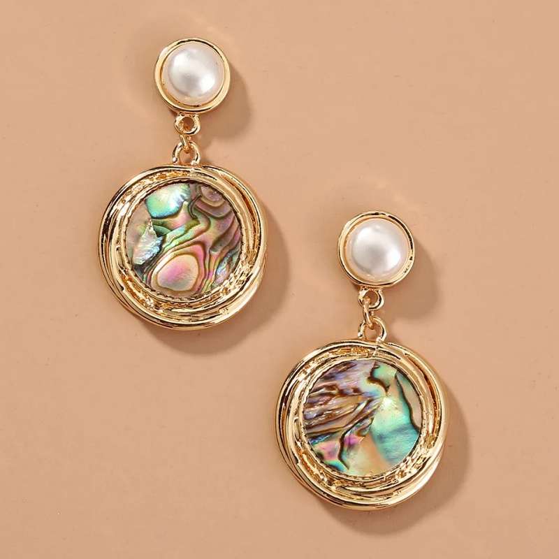 Natural Abalone Shell and White River Pearl Gemstone Gold Plated Stud Earrings