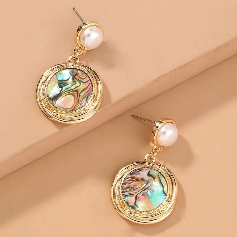 Natural Abalone Shell and White River Pearl Gemstone Gold Plated Stud Earrings