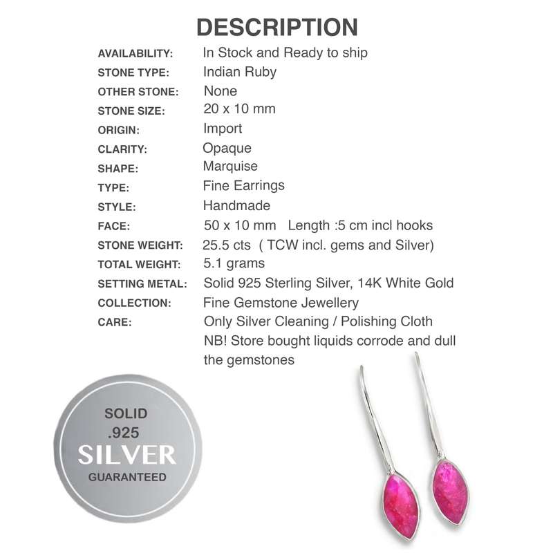 Indian Ruby Marquise Shape Gemstones set in Solid .925 Sterling Silver Extra Long Hook Earrings