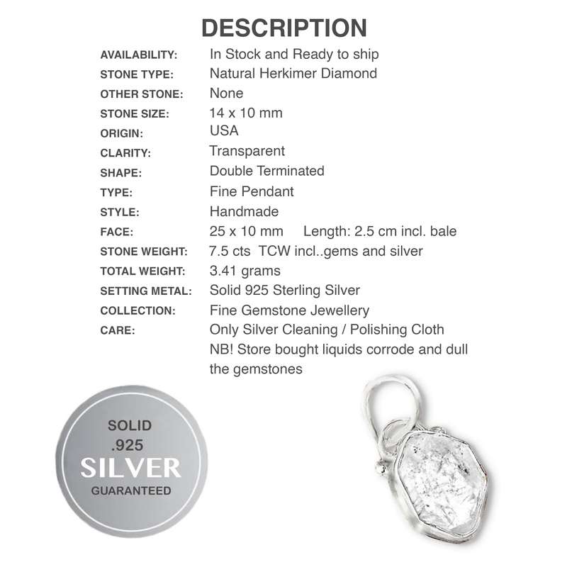 Natural Herkimer Diamond set in Solid .925 Sterling Silver Dainty Pendant