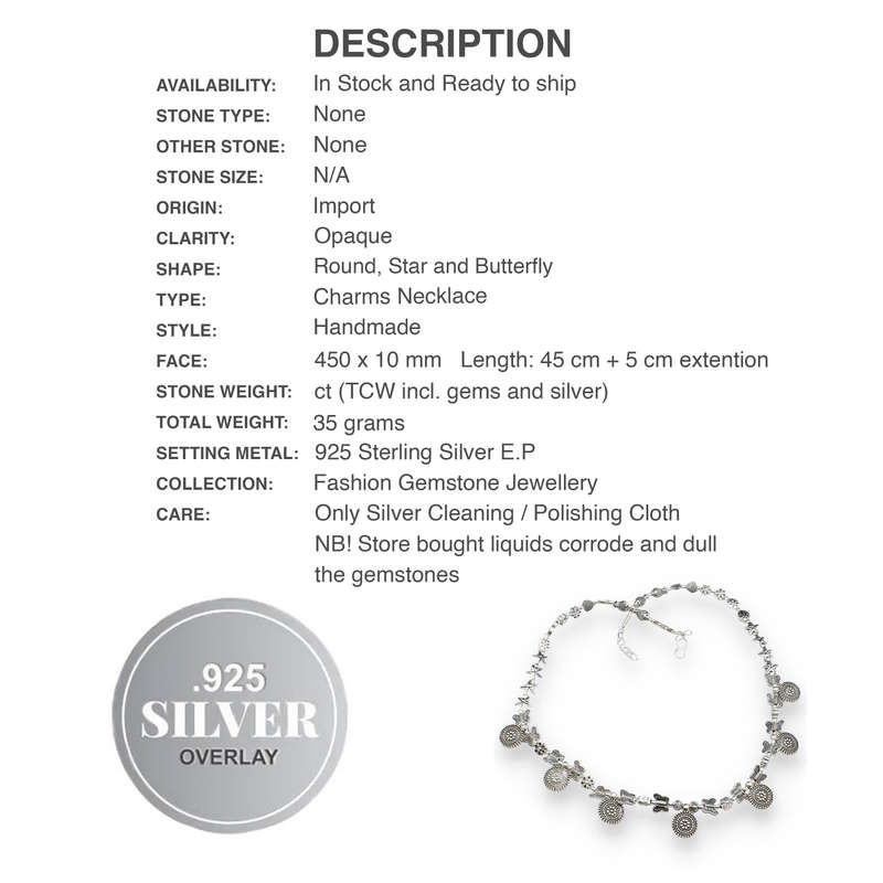 Handmade .925 Sterling Silver Plated Antique Style Round, Butterfly and Flower Charms Necklace