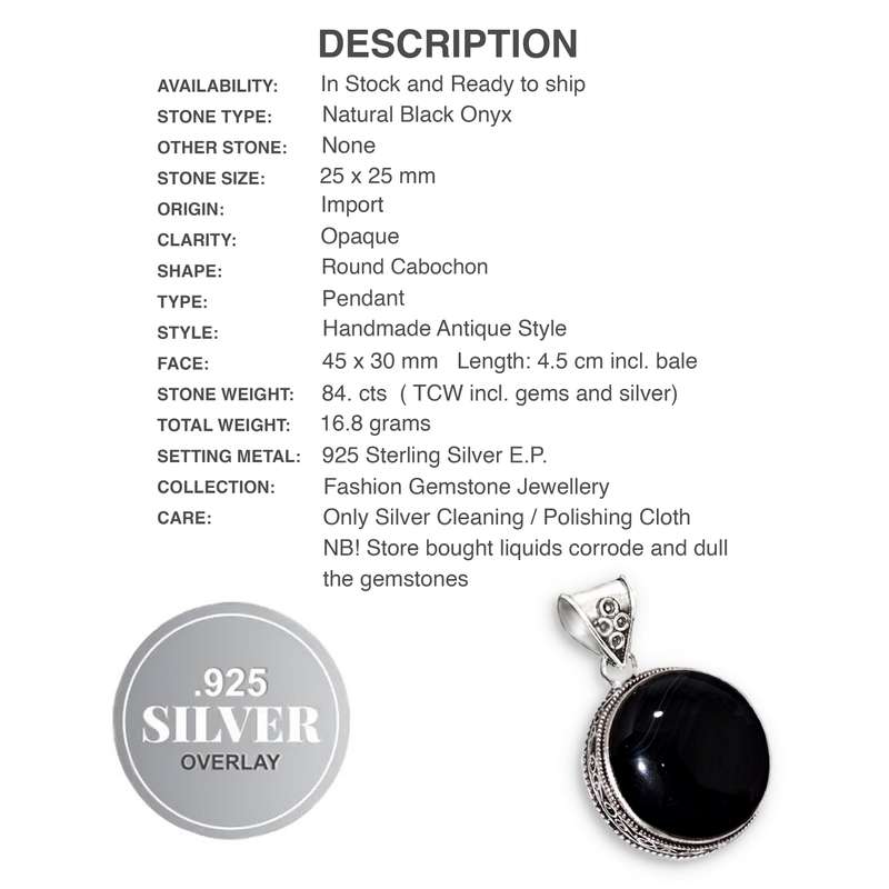 Antique Style Round Black Onyx Gemstone set in .925 Sterling Silver Plated Handmade Pendant
