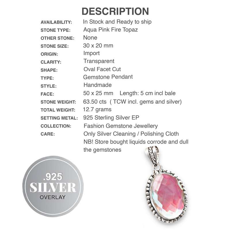 Handmade Aqua Pink Fire Topaz Genuine .925 Sterling Silver Plated Pendant