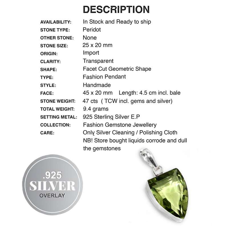 Faceted Peridot Geometric Shape set in .925 Sterling Silver Plated Handmade Pendant
