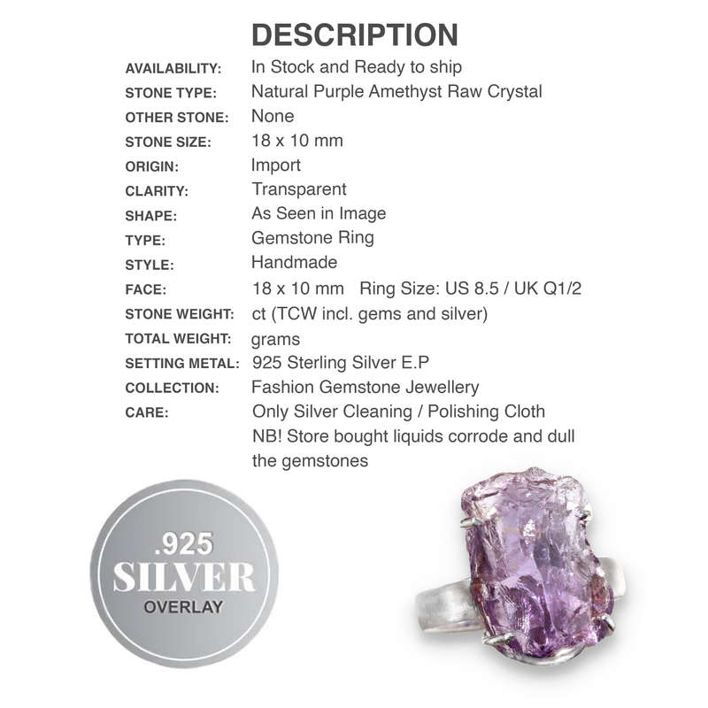 Enchanting Natural Purple Amethyst Raw Crystal .925 Silver Ring Size US 8.5 / Q1/2