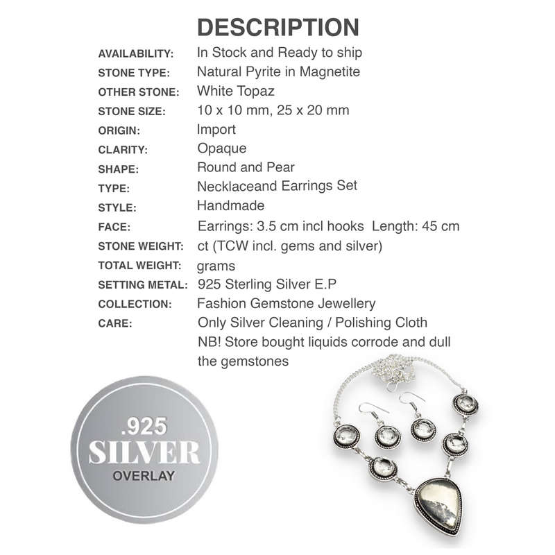 Natural Pyrite In Magnetite and White Topaz set in .925 Sterling Silver Necklace and Earrings