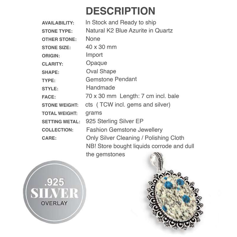 Victorian Natural K2 Blue Azurite in Quartz Gemstone set in .925 Sterling Silver Plated Pendant