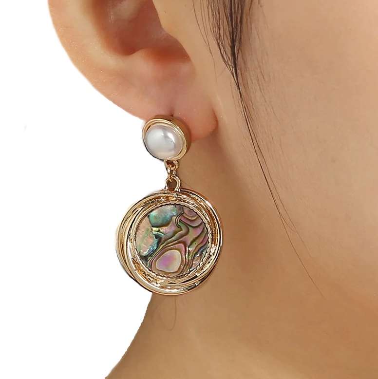 Natural Abalone Shell and White River Pearl Gemstone Gold Plated Stud Earrings