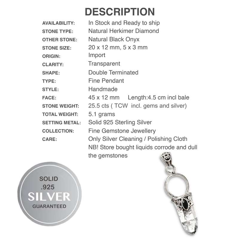 Natural Herkimer Diamond and Black Onyx set in Solid .925 Sterling Silver Pendant