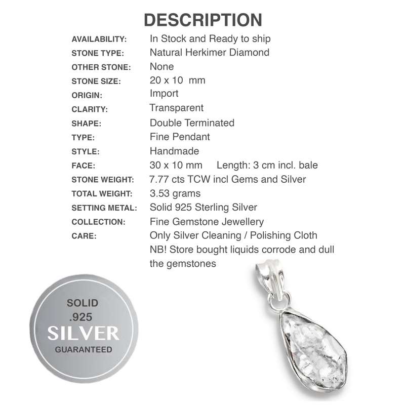 Natural Double Terminated Herkimer Diamond set in Solid .925 Sterling Silver Pendant