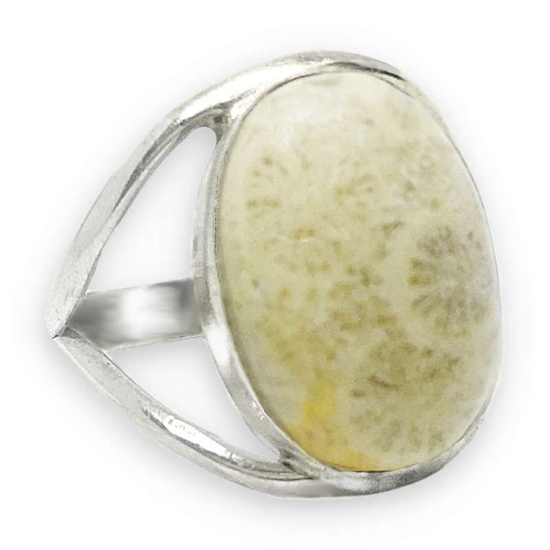 Natural Fossil Coral Oval Set in Solid 925 Sterling Silver Ring Size US 8 Or Q