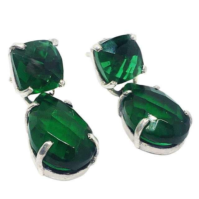 34 cts Emerald Quartz Mixed Shape Gemstones set In Solid .925 Sterling Silver Stud Earrings