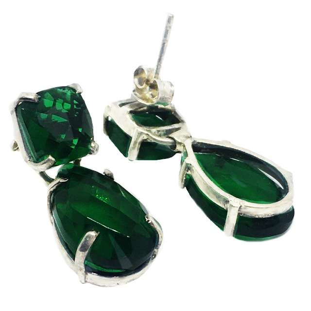 34 cts Emerald Quartz Mixed Shape Gemstones set In Solid .925 Sterling Silver Stud Earrings