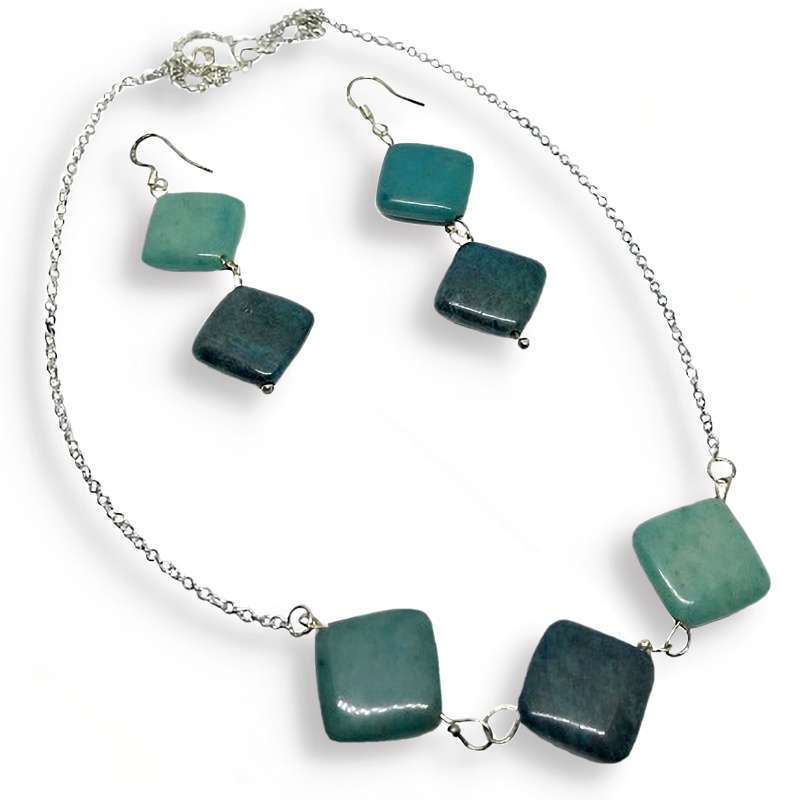 Handmade Natural Blue Jasper Squares in .925 Silver Necklace & Earrings Set