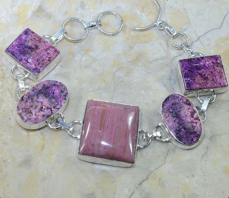 Natural Rhodonite and Jasper Gemstone in 925 Sterling Silver Plated Handmade Bracelet