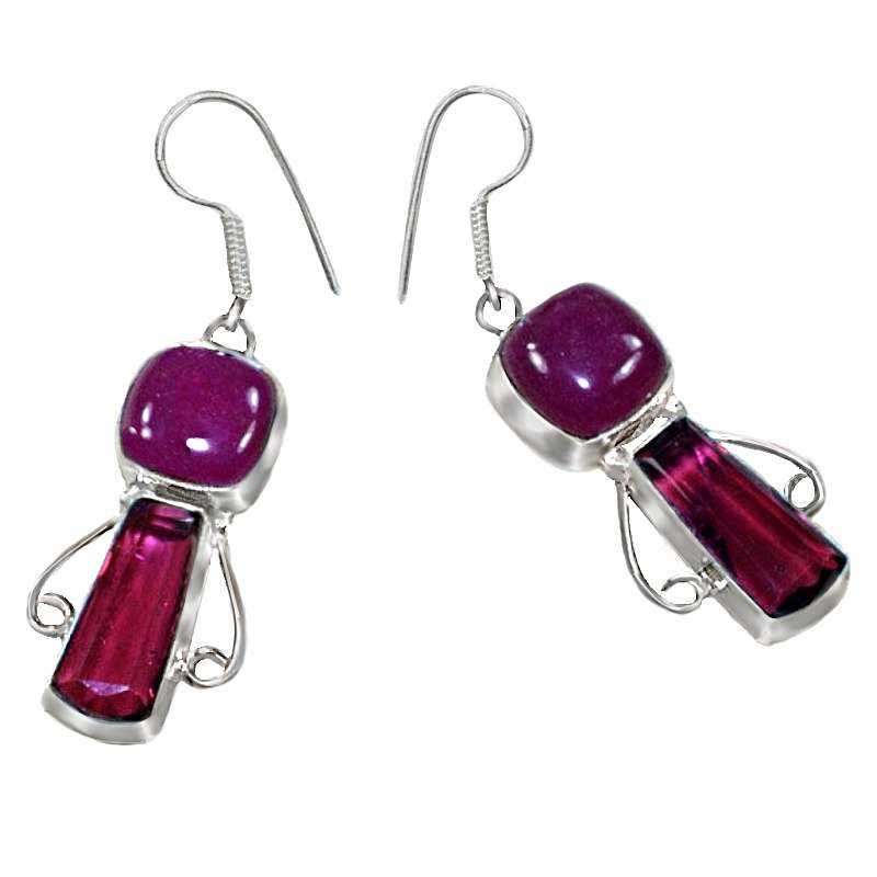 Handmade Indian Cherry Red Ruby Pink Red Ruby Quartz Set in .925 Sterling Silver Plated Earrings