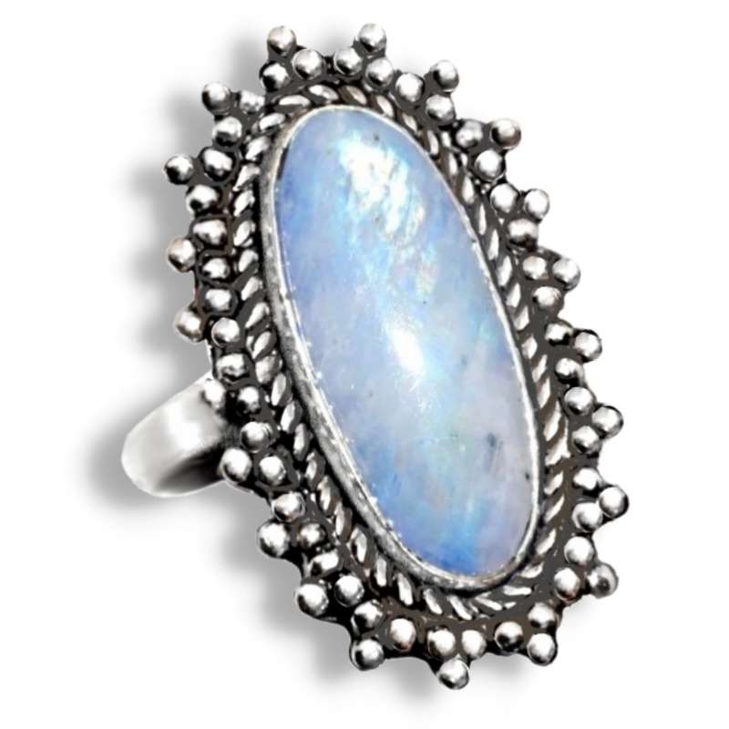 Victorian Long Oval Rainbow Moonstone .925 Sterling Silver Plated Handmade Ring Size US 8 / UK Q