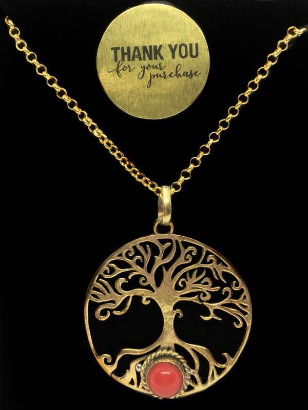 Handmade Tree of Life Red Coral Gemstone Pendant .925 Silver Pendant + 14K Gold Filled Chain